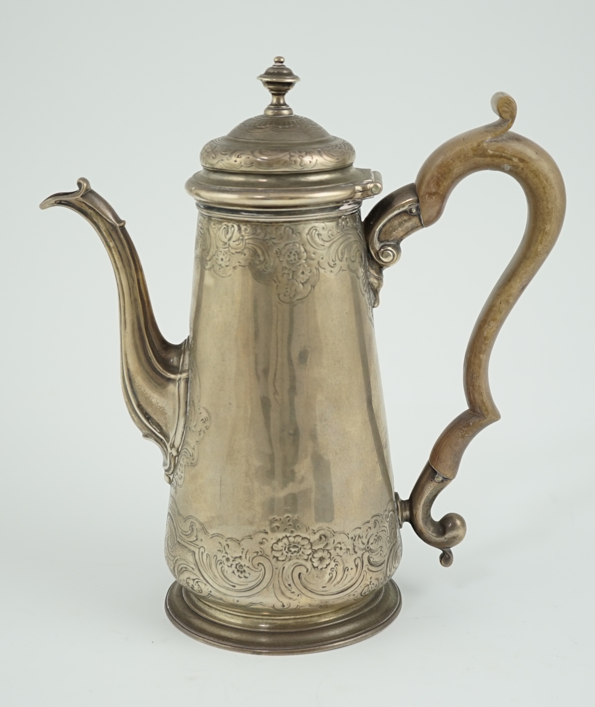 A George II silver coffee pot with later engraved decoration, Robert Tyrrill